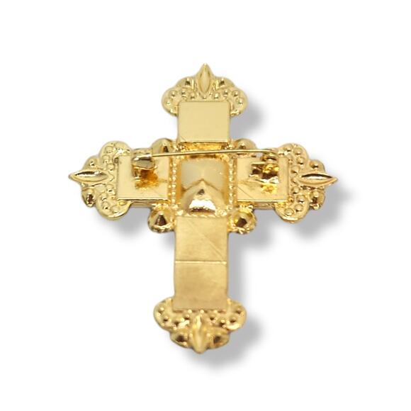 Elegant Goldtone Square and Round Crystal Cross Brooch - Picture 2 of 3